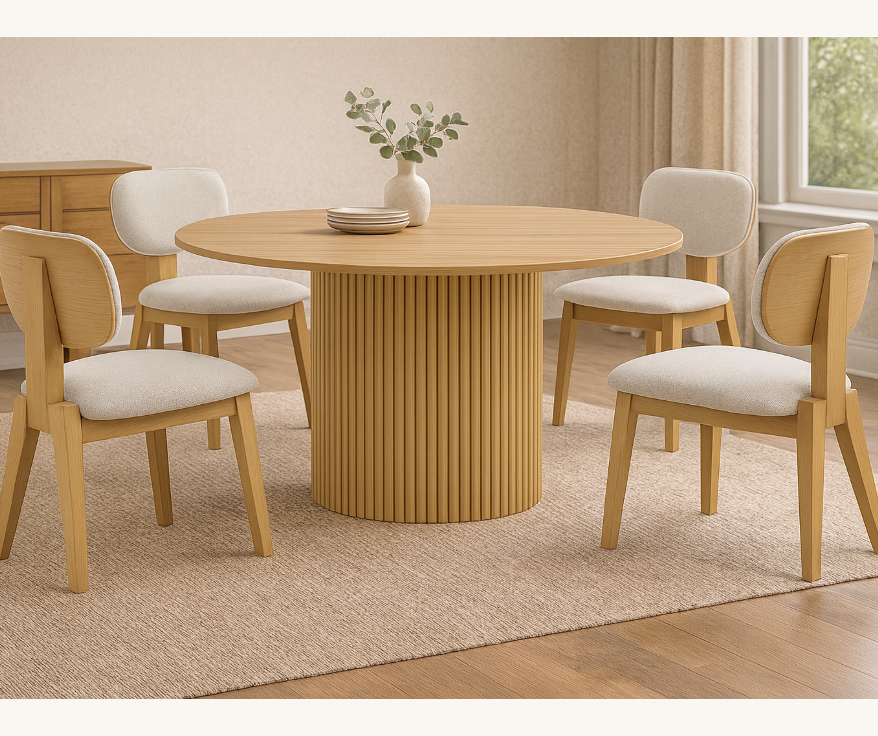 Terra 5-Piece Dining Set – Natural Oak Finish | Table + 4 Upholstered Chairs