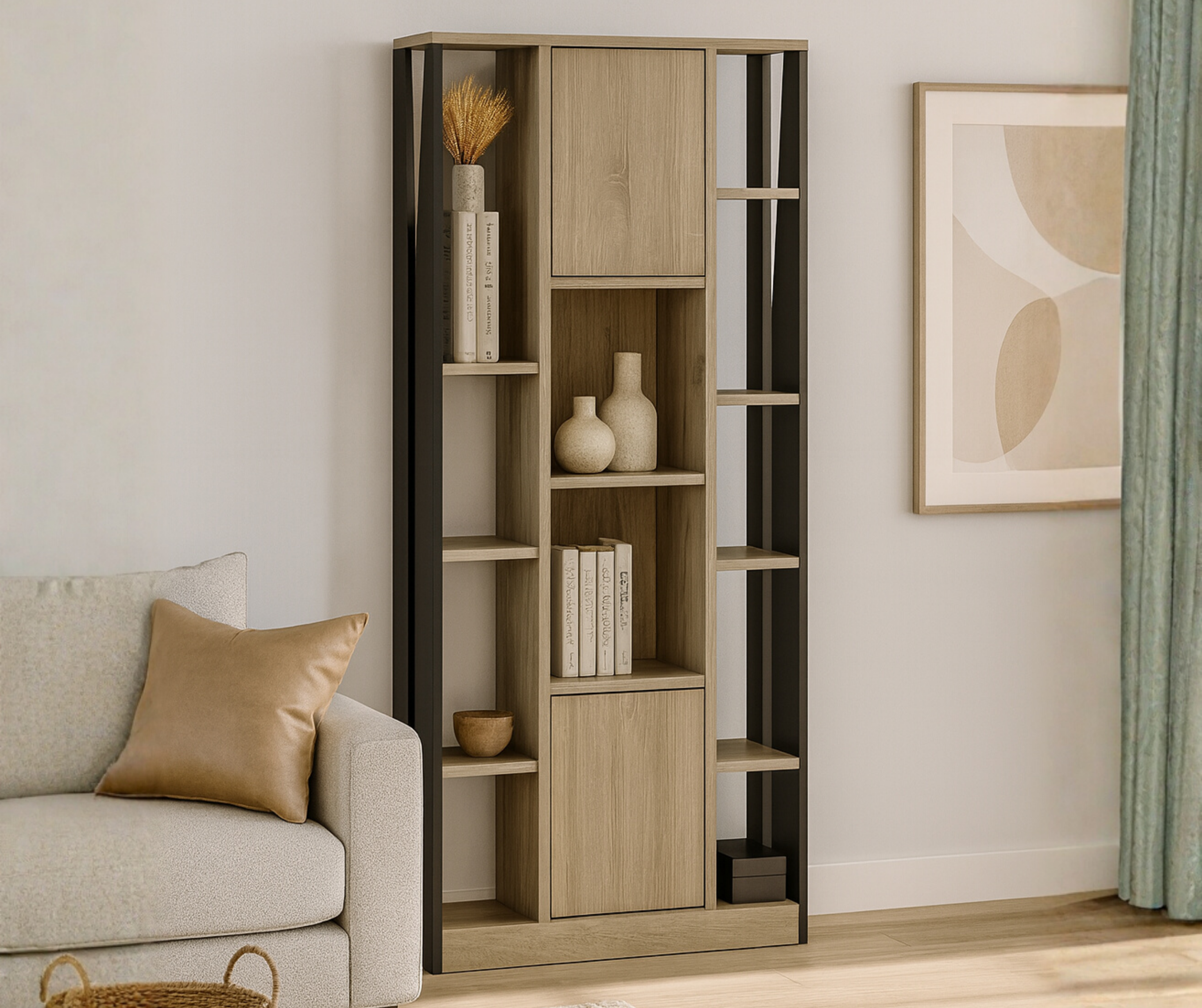 Taupe 12-Shelf Bookshelf with 2 Storage Cabinets – Two-Tone Wood & Black Frame
