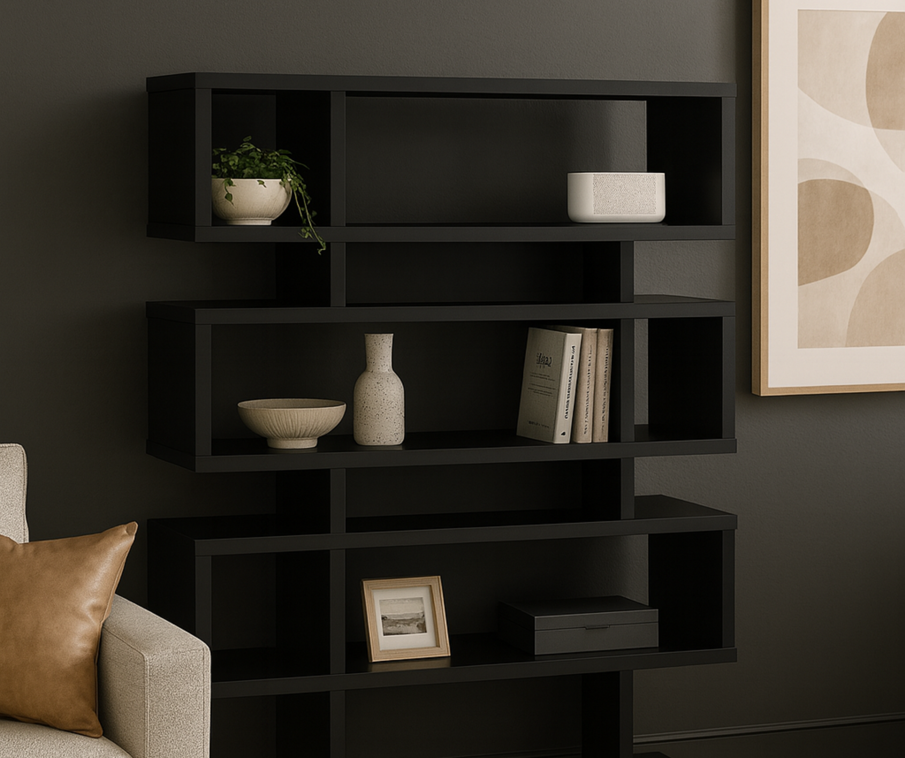 Open-Concept Multi-Tier Bookshelf – Black Finish