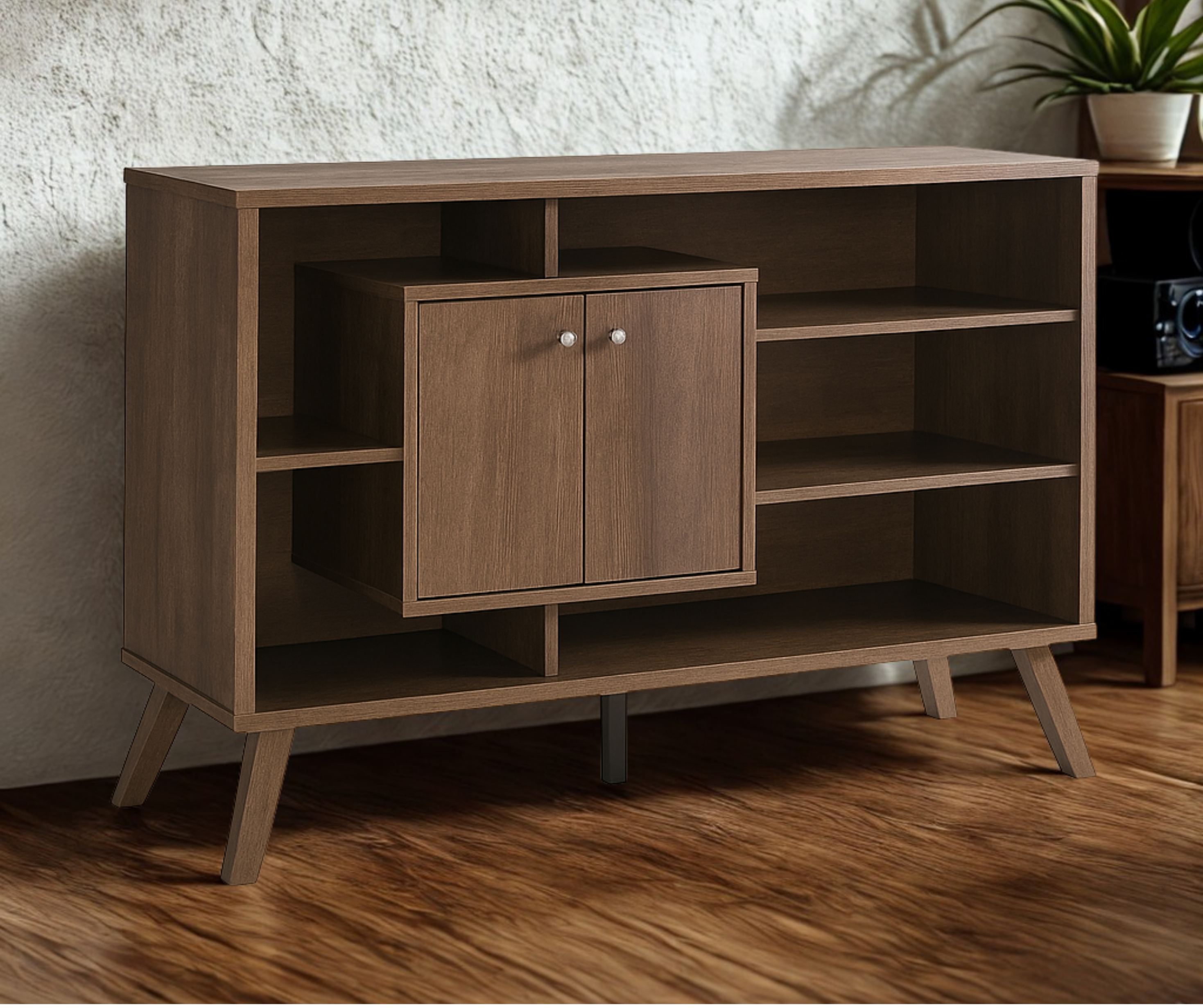 Walnut Oak Buffet / Server – Multi-Tier Storage with Silver Hardware