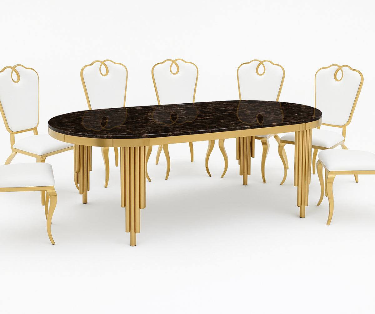 9113 7-Piece Black Marble & Gold Dining Set