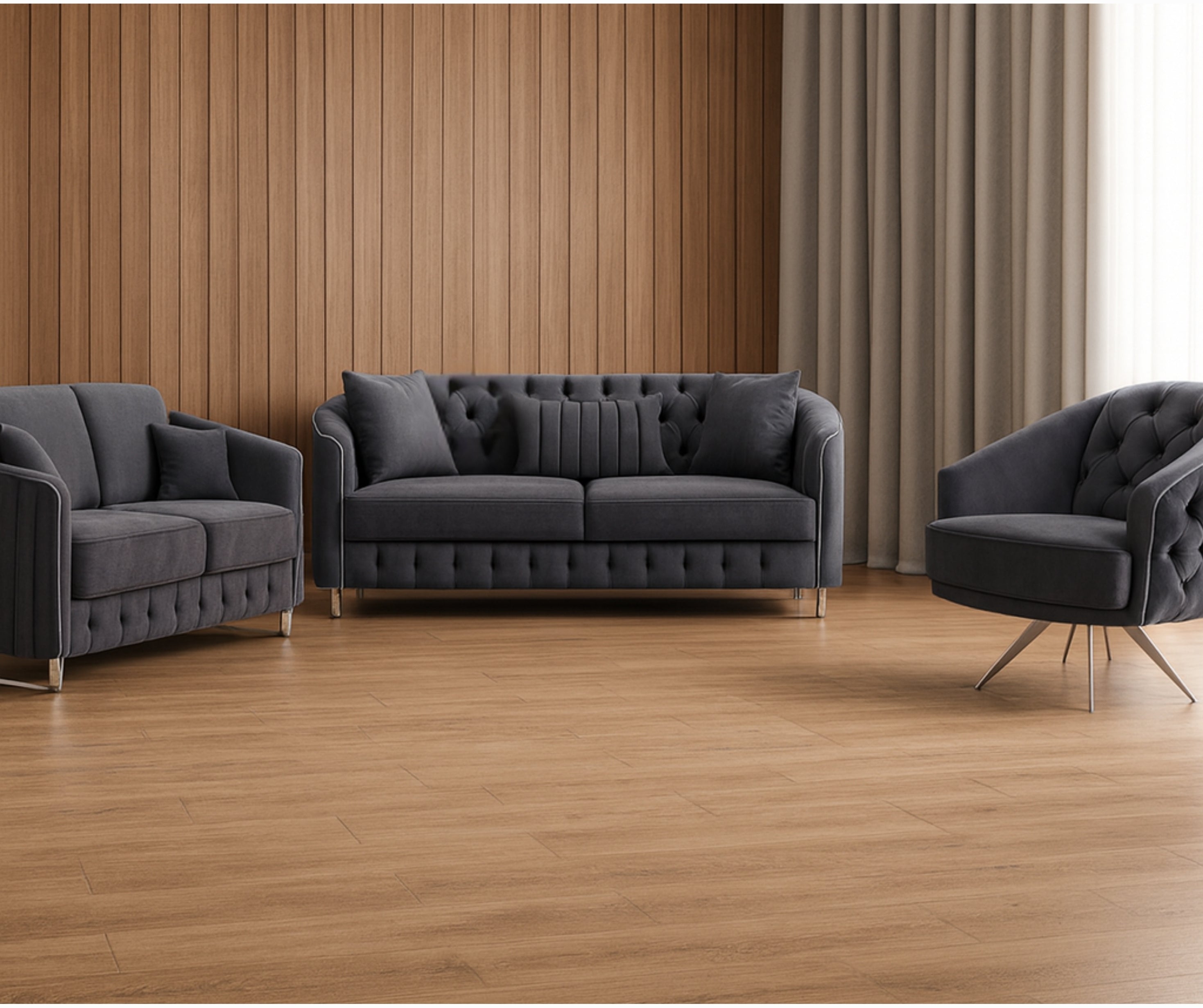 Rosa Turkish Velvet Sofa Set – Black & Grey