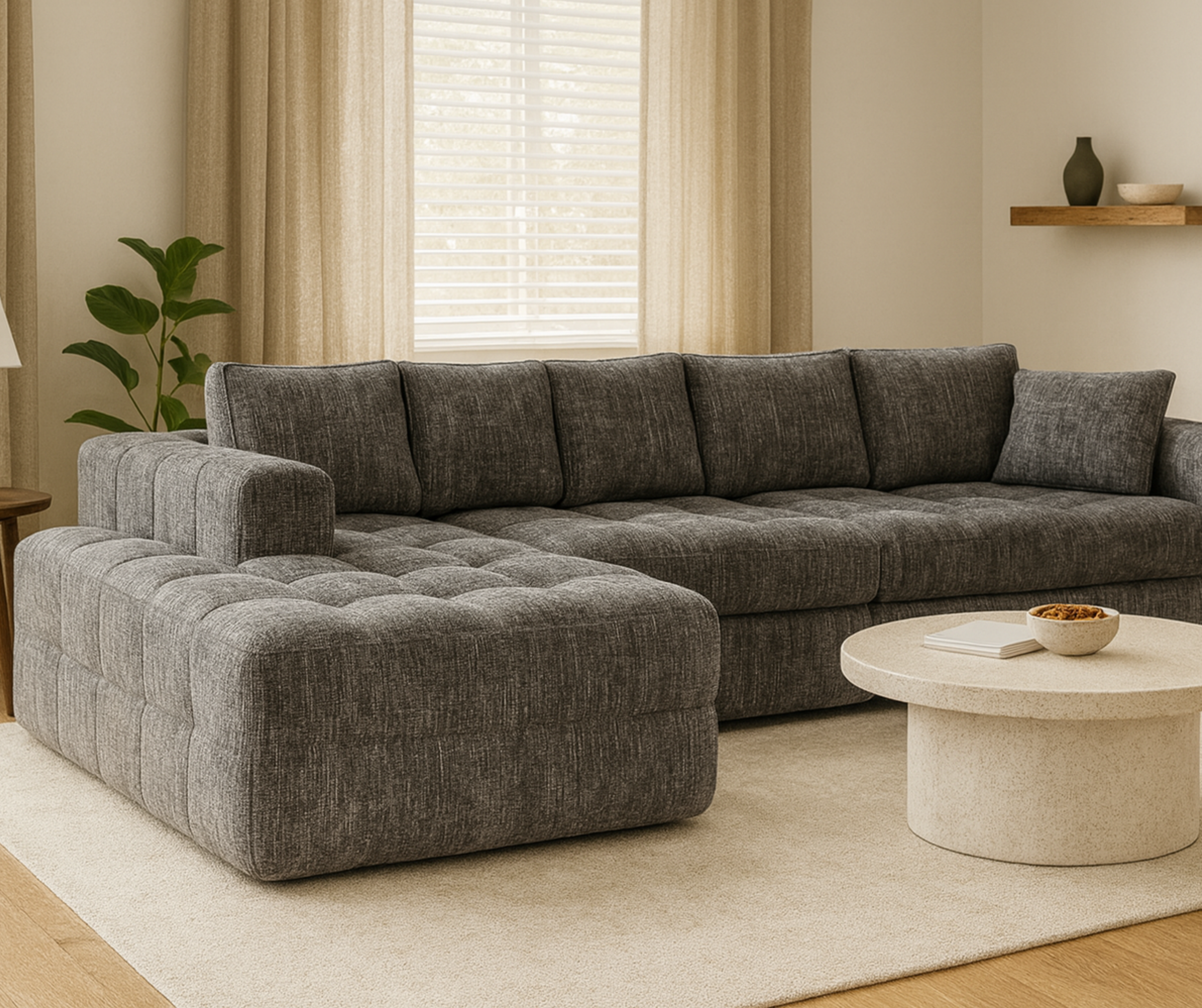 Modern Low-Profile Sectional Sofa Grey – Premium Fabric, Deep Cushioning