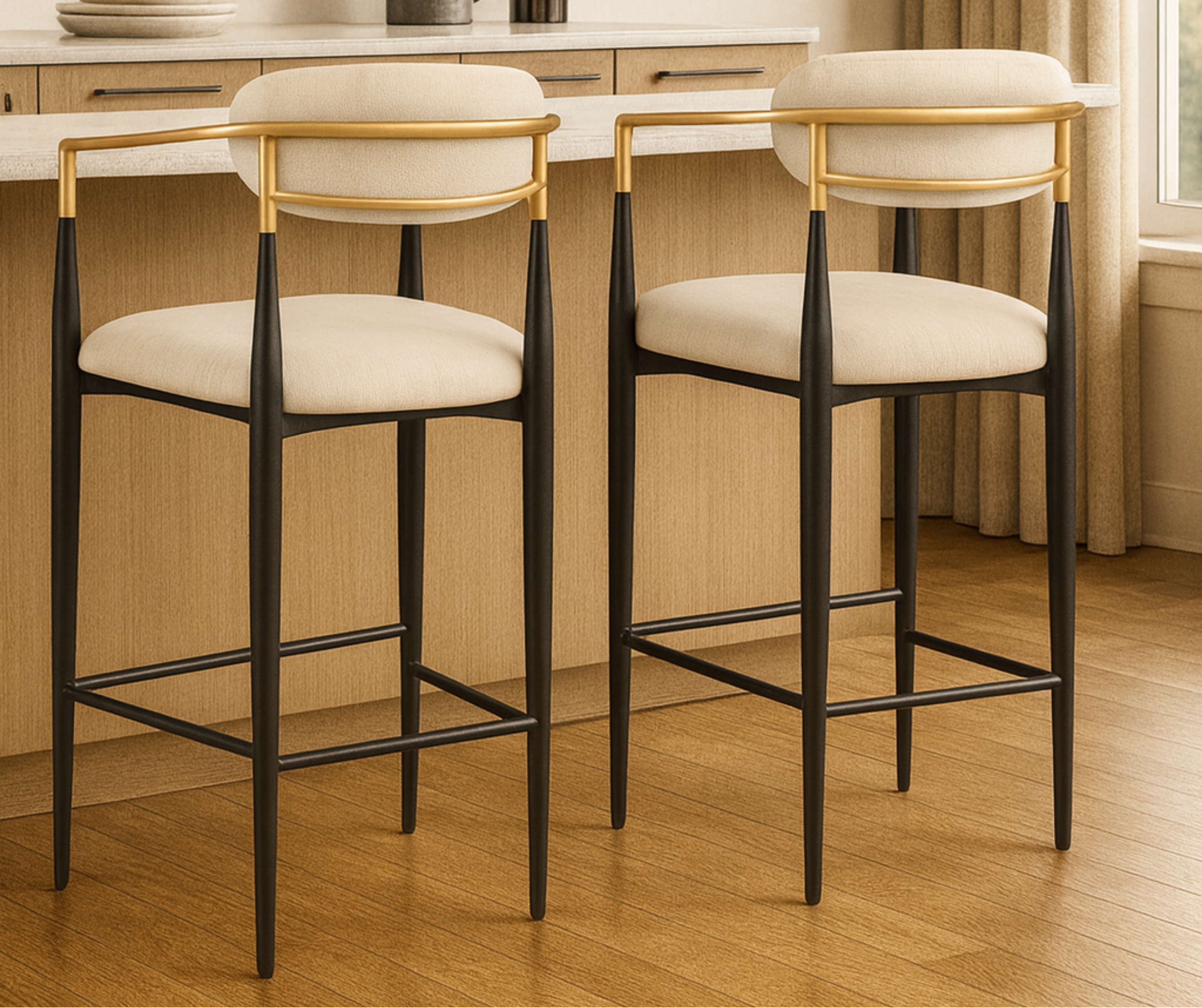 Mykos Counter Stools (Set of 2) – Beige Textured Fabric & Black/Gold Frame