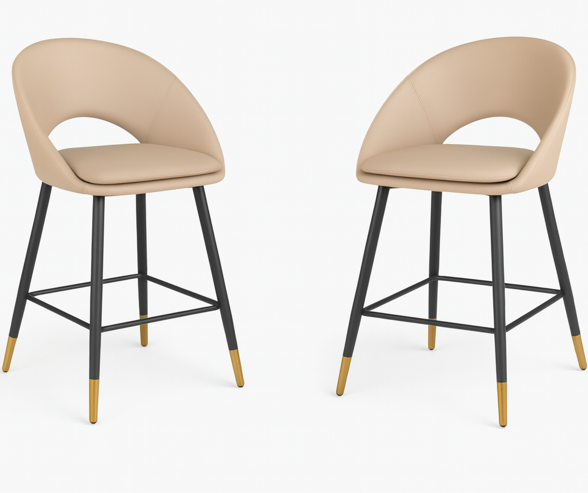 Mila Counter Stools (Set of 2) – Beige Fabric with Gold Accents