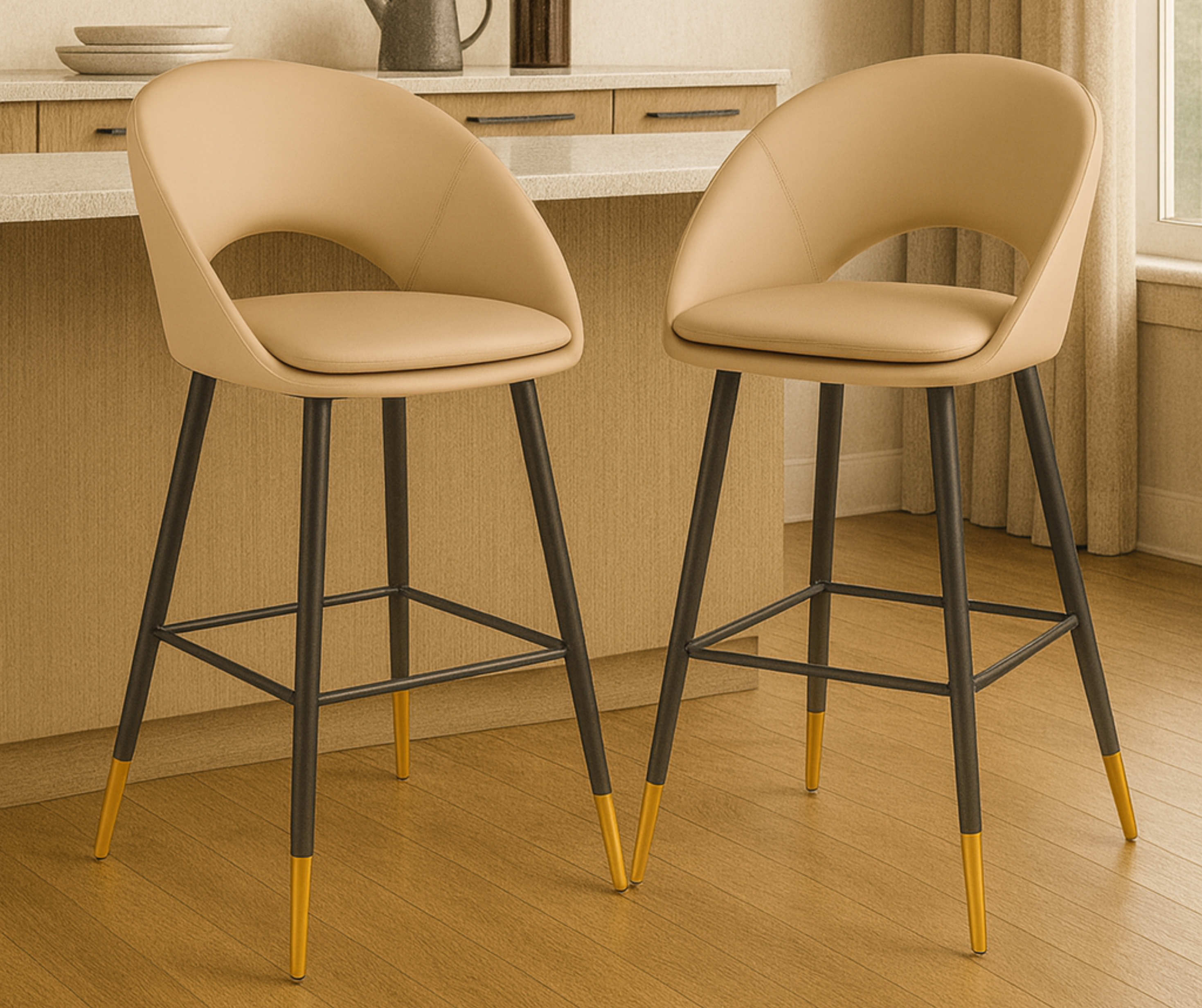 Mila Counter Stools (Set of 2) – Beige Fabric with Gold Accents